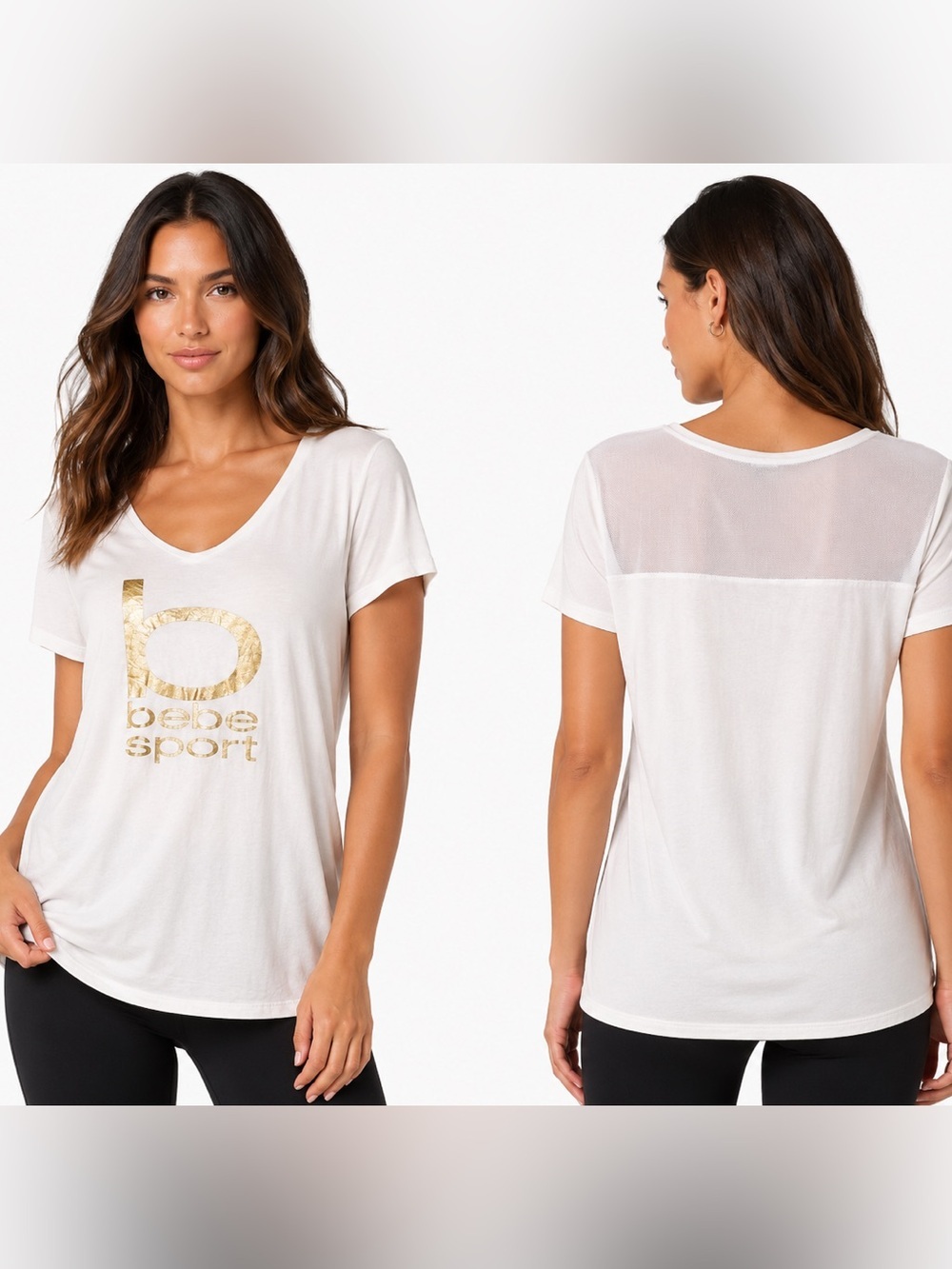 Bebe Sport White Gold Logo Tee Mesh Back V-Neck Top Large